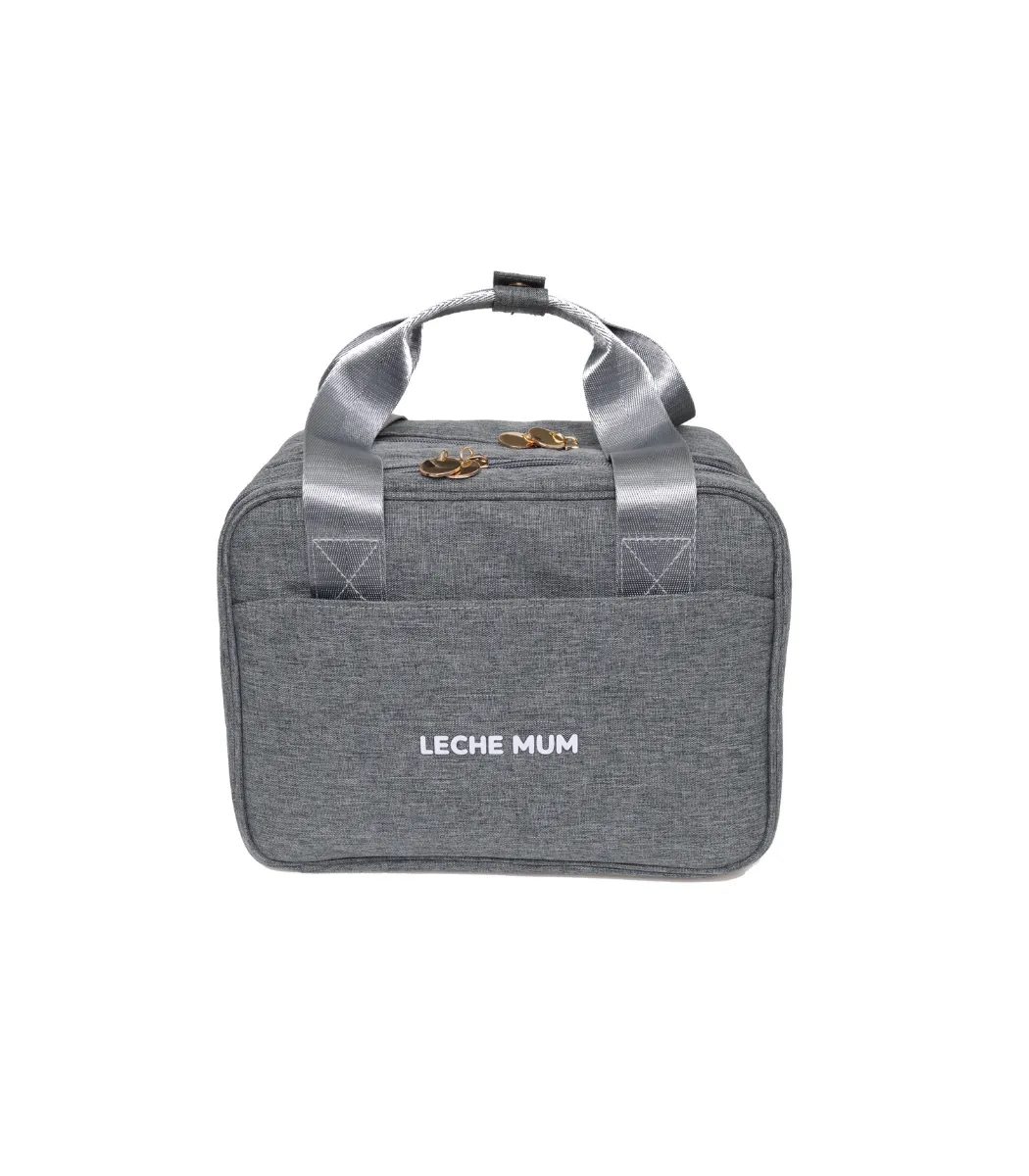 Front view of the closed grey Leche Mum breast pump bag