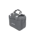 Angled view of the closed grey Leche Mum breast pump bag