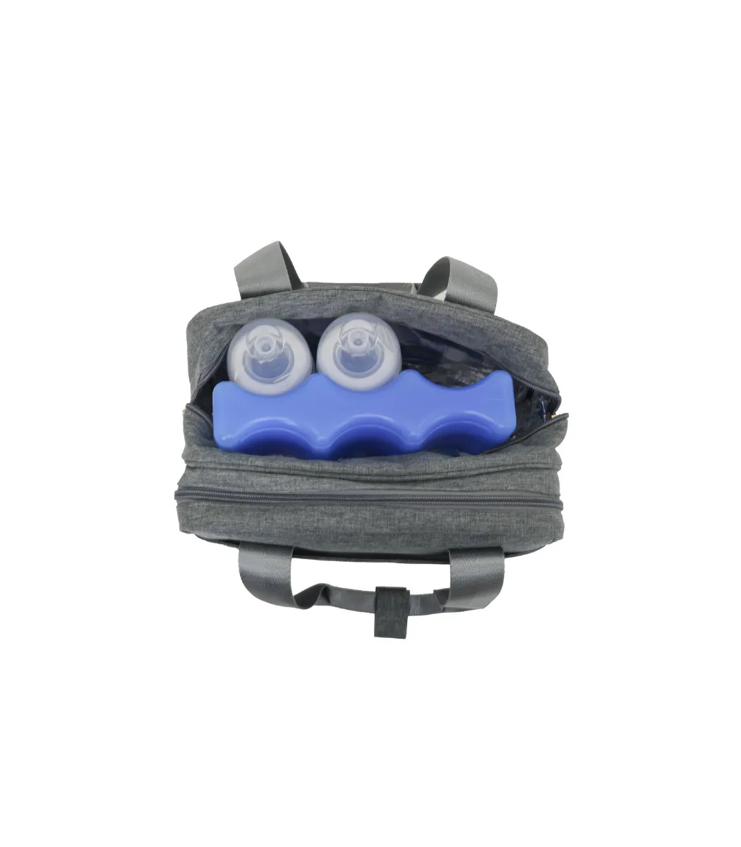 Insulated cooler compartment holding two feeding bottles with the blue curved ice pack
