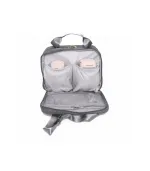 Wearable breast pump cups stored inside the open Leche Mum breast pump bag