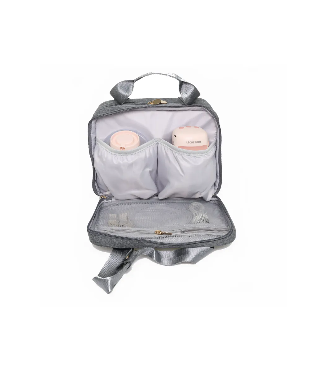 Wearable breast pump cups stored inside the open Leche Mum breast pump bag