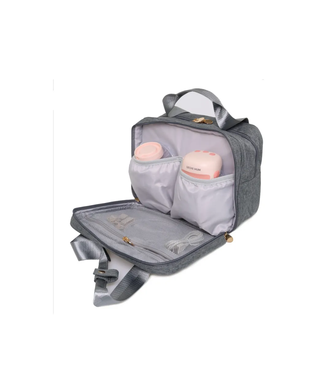 Open grey Leche Mum breast pump bag holding wearable breast pump cups