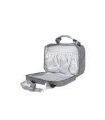 Angled view of the empty Leche Mum breast pump bag and its interior compartments