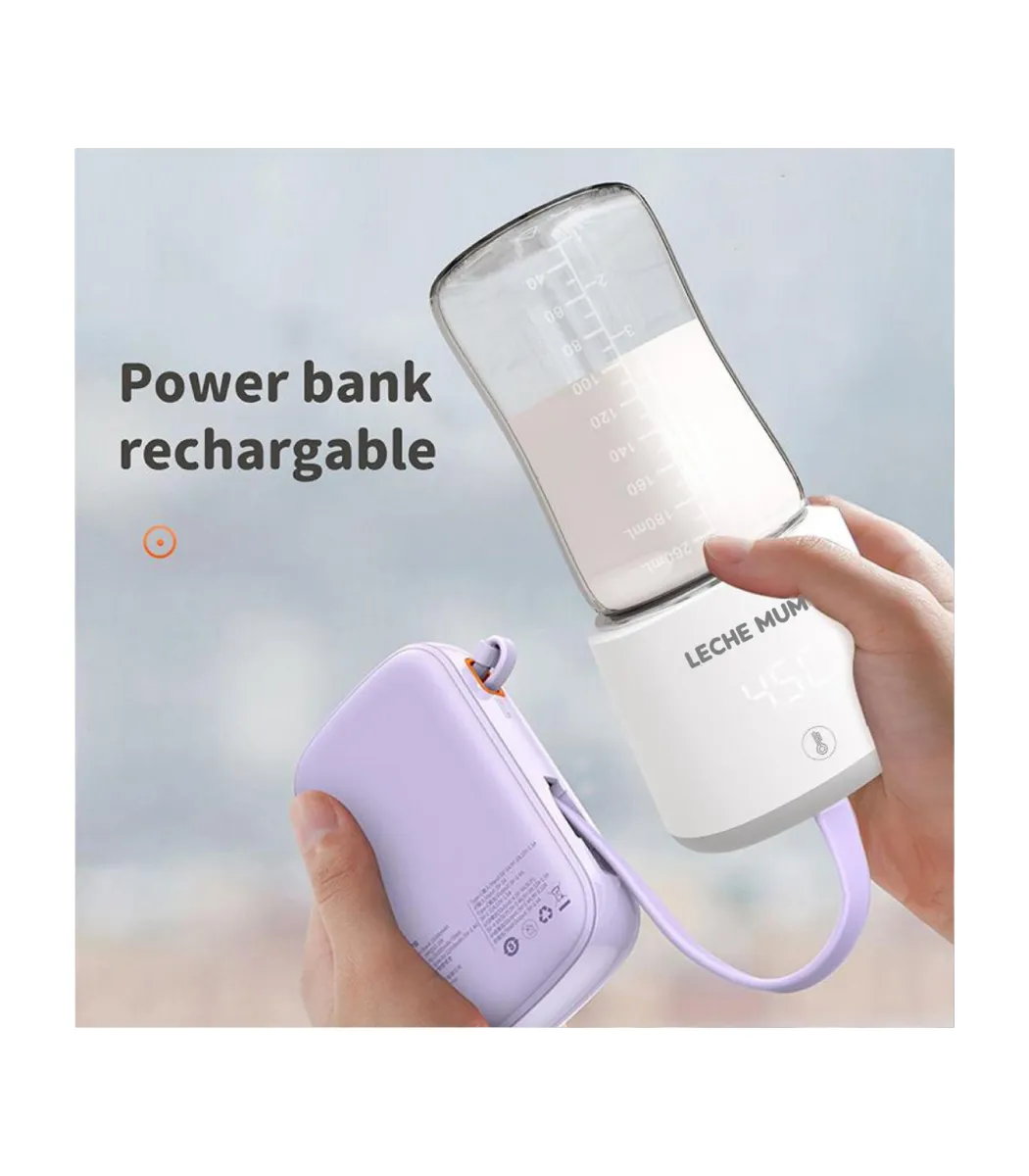 Rechargeable Leche Mum portable bottle warmer connected to a power bank