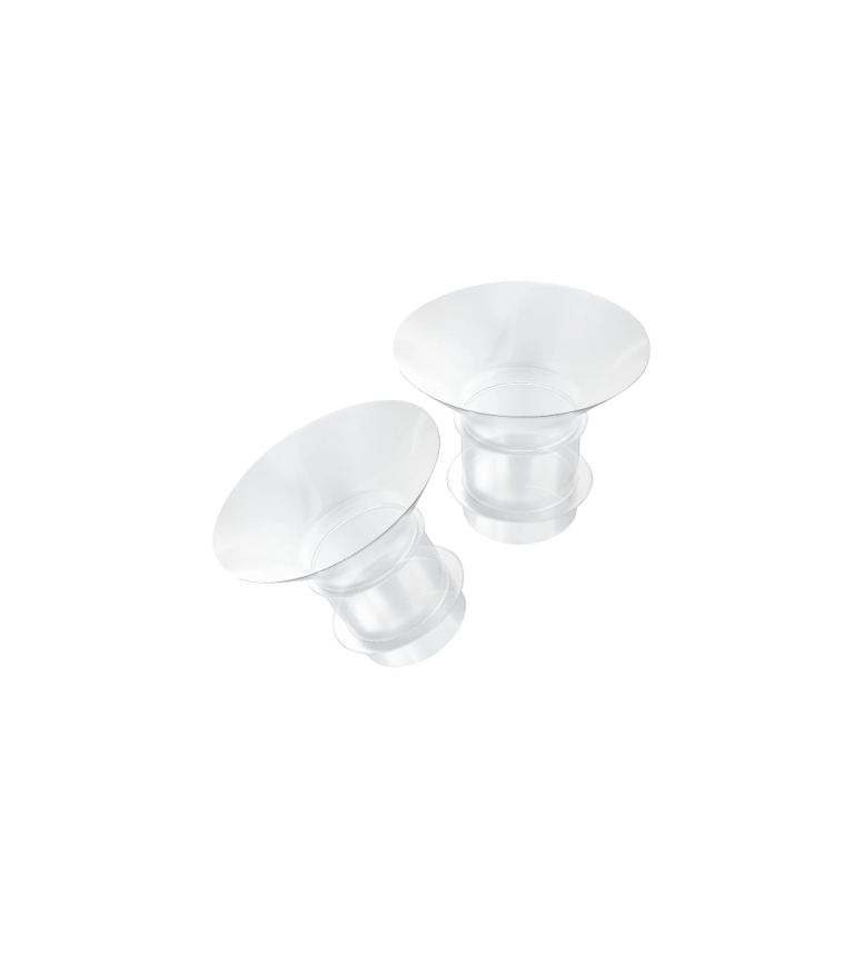 Silicone flange replacement for Leche Mum and ModernMomi double electric wearable breast pumps, available in 17mm, 19mm, 21mm, and 24mm sizes