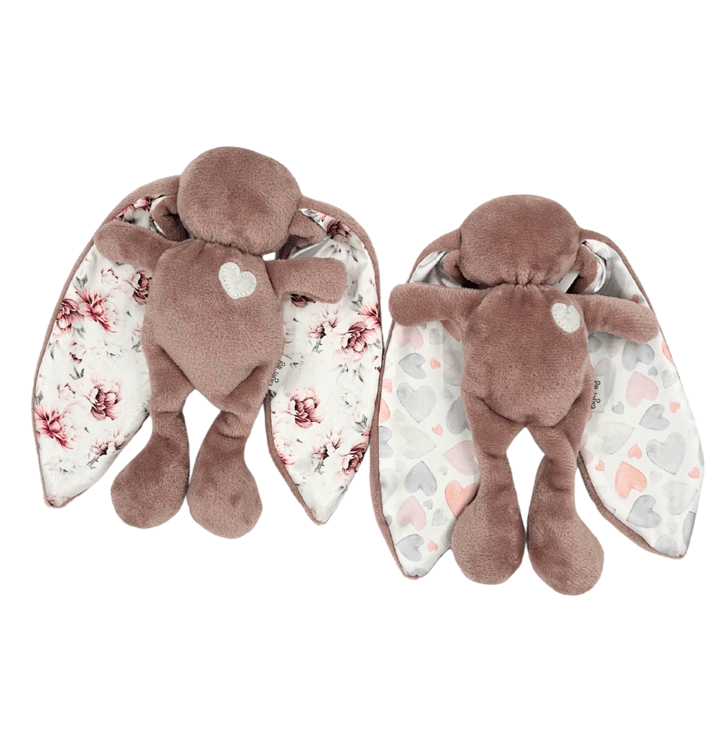 Tiger Lily cuddle bunny pink peonies hearts soft baby comfort toy with satin ears from ModernMomi