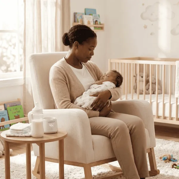 Mum with baby and Leche Mum portable bottle warmer