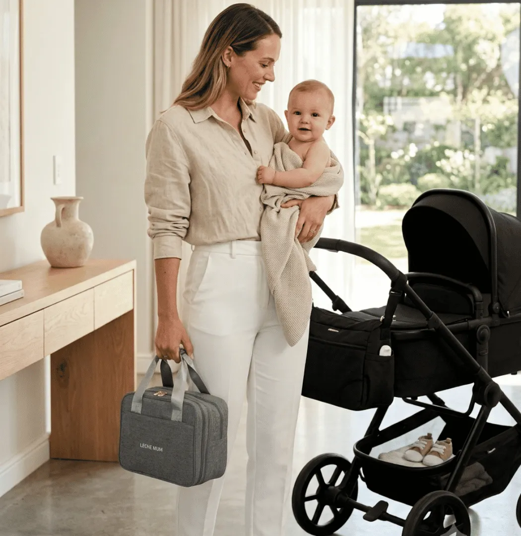 Mum carrying a grey Leche Mum breast pump bag beside a stroller