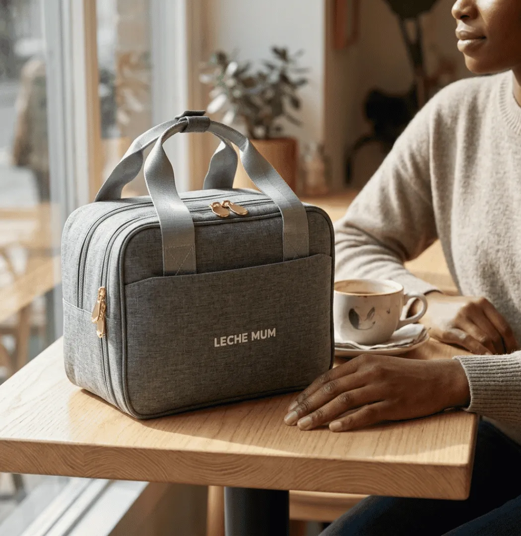 Mum seated beside the grey Leche Mum breast pump bag